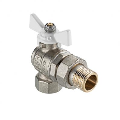 Кран шаровой BASE-ГОСТ угловой со сгоном с белой рукояткой-бабочкой вн.-нар. DN20, PN40, 3/4